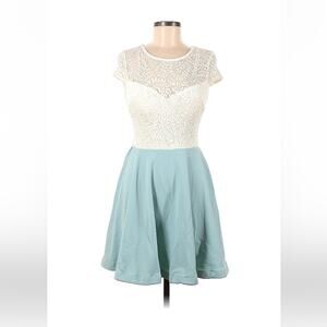 B Darlin cream and blue fit and flare cocktail party dress, size 9 or 10